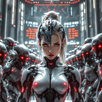 The primary subject of the image is a woman with blonde hair, wearing a futuristic outfit and a silver helmet. She is standing in front of a large group of robots, which are the setting and background of the scene. The visual style of the image is digital art, and the colors and mood are predominantly silver and futuristic.
